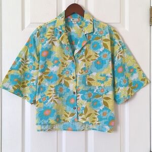 Billabong All Good Floral Woven Cotton Oversized Short Sleeve Button Down Top S